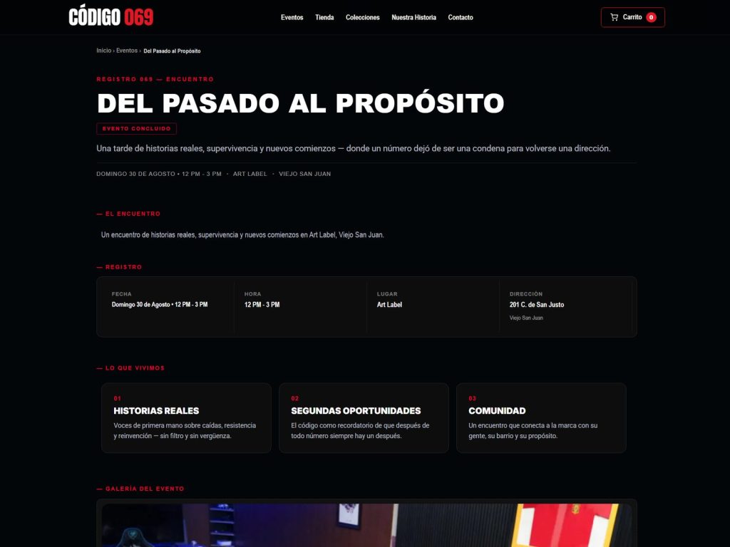 Código069 single event page for Del Pasado al Propósito