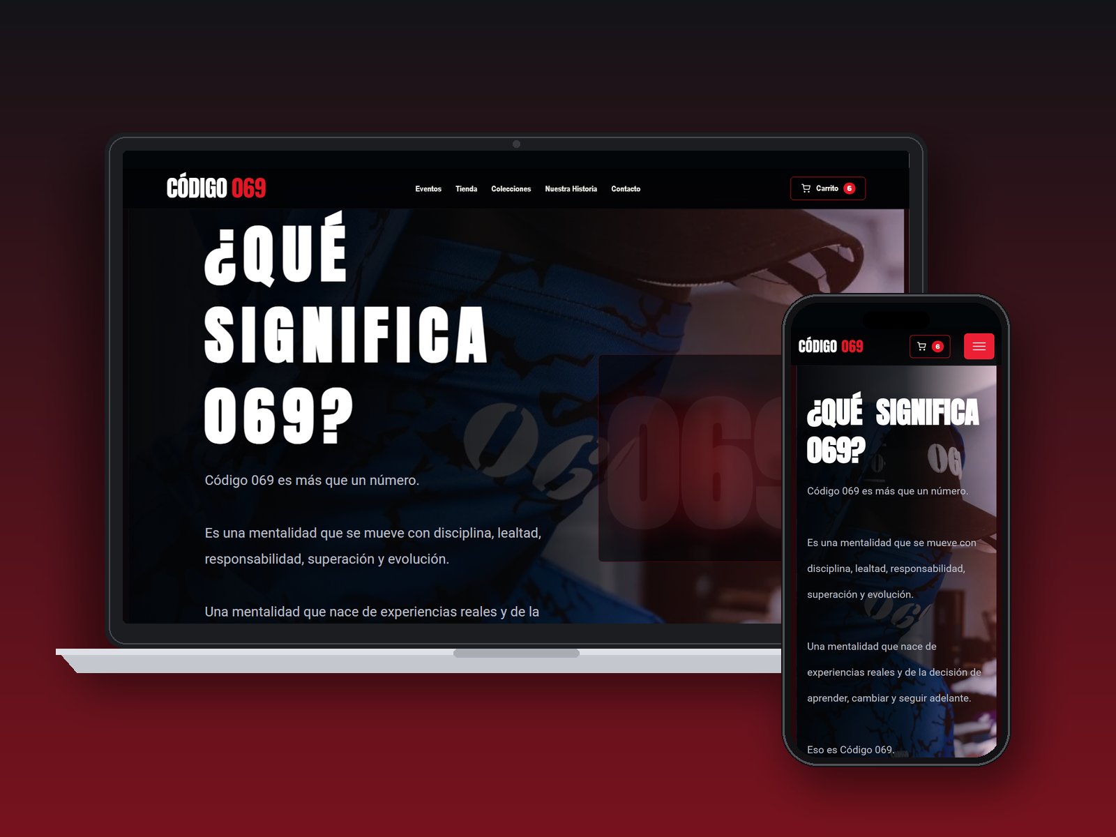 Código069 website shown on a laptop and phone