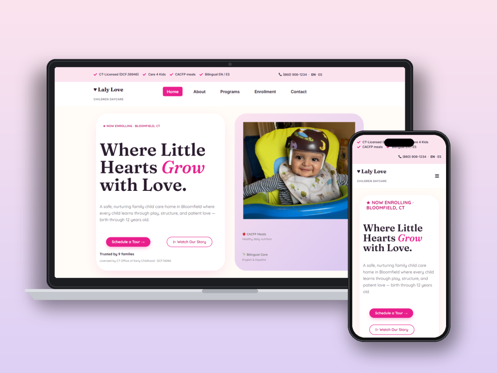 Laly Love Children Daycare website shown on a laptop and phone