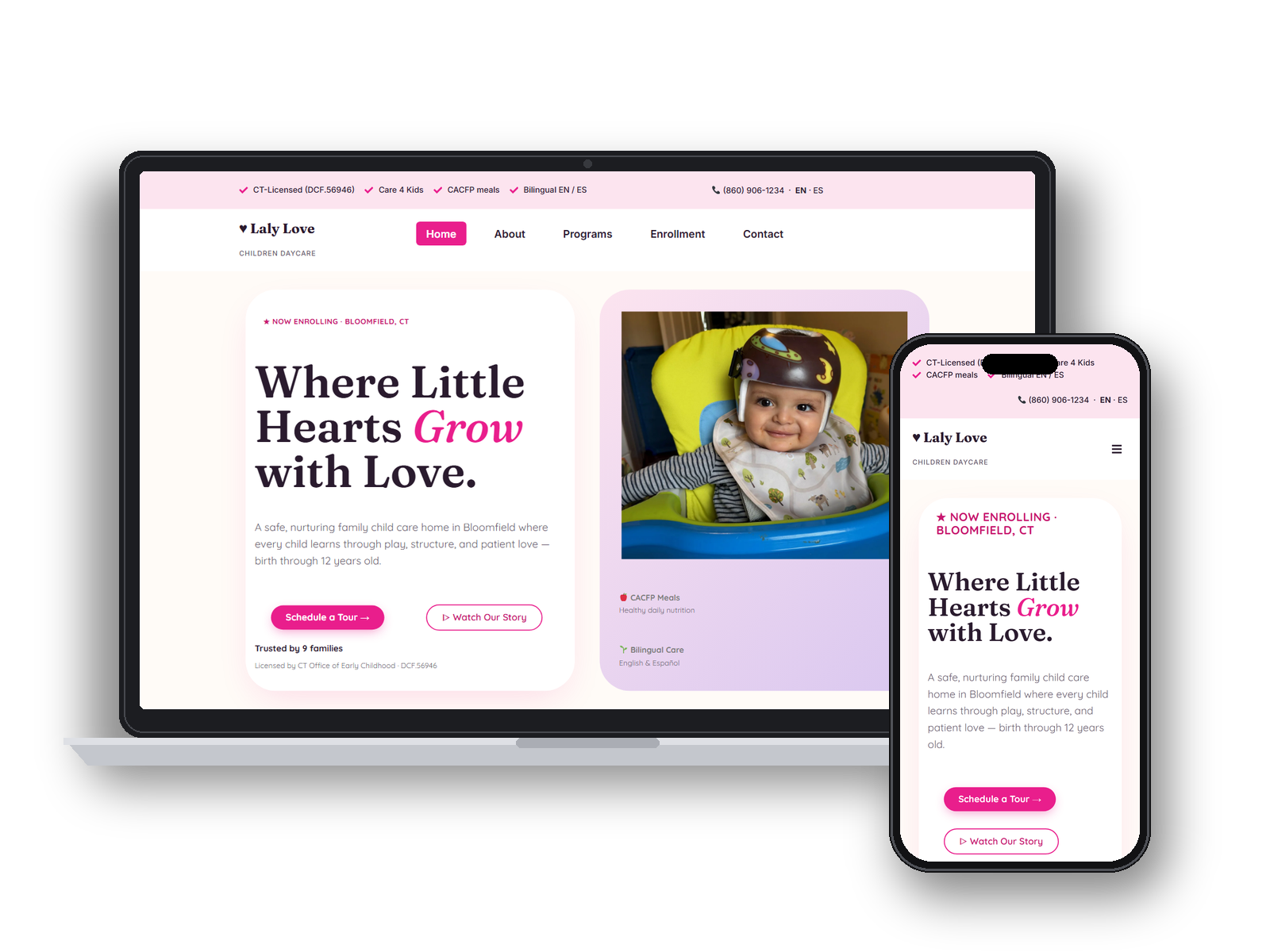Laly Love Children Daycare website shown on a laptop and phone (transparent)